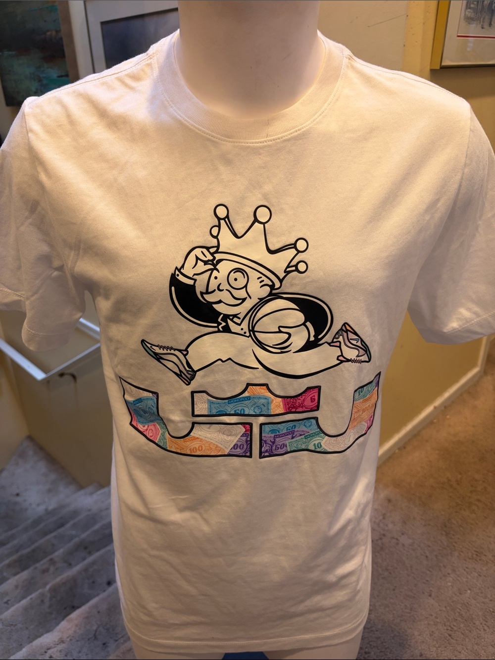 Nike LeBron White Tee with Monopoly King and Multicolor Money Motif
